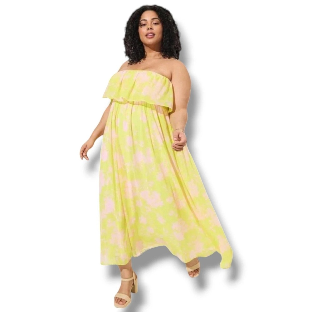Torrid Maxi Dress Yellow Pink Floral Strapless Ruffle NEW NWT